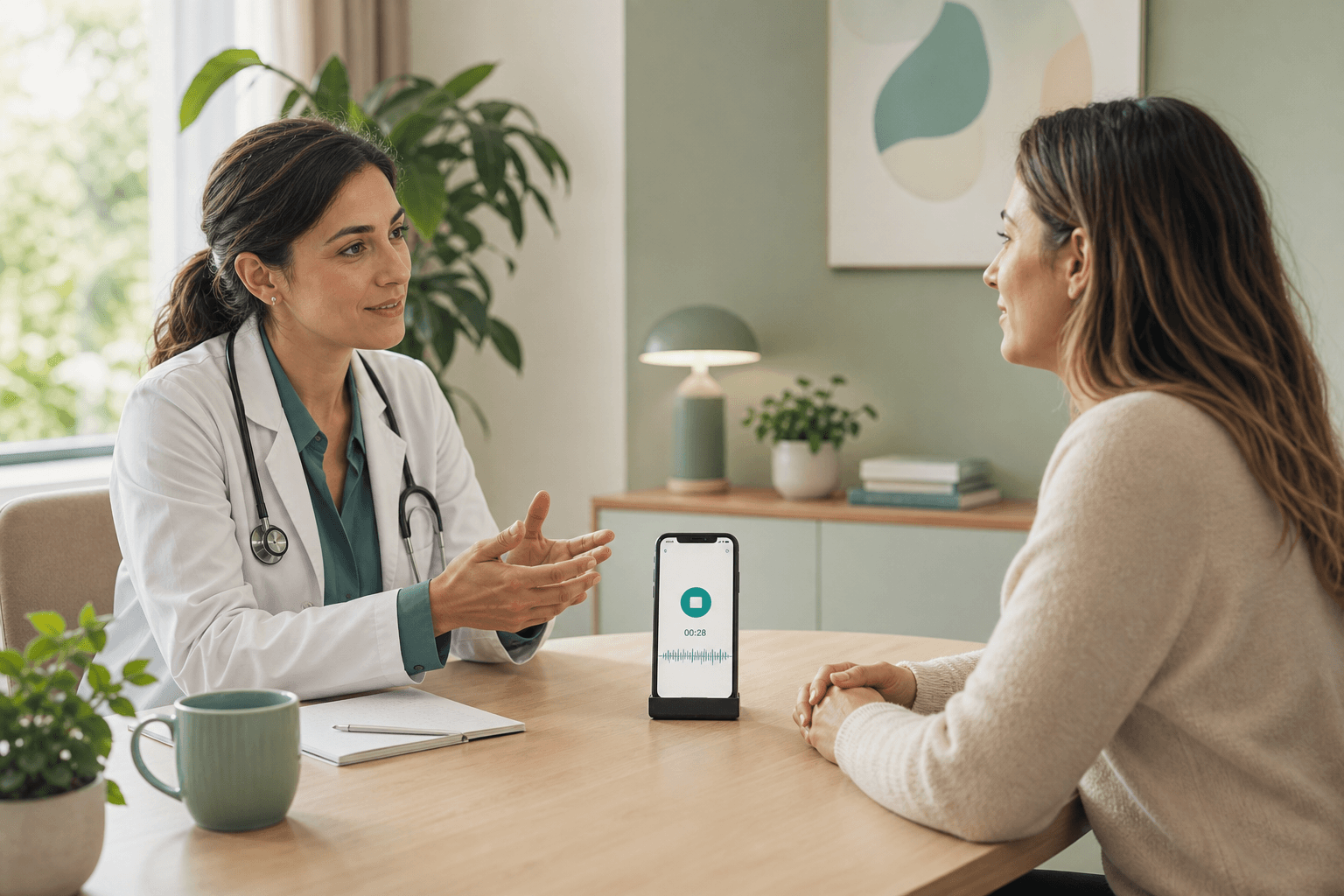 Doctor and patient speaking during a visit while a phone records the conversation with Meridian Health.